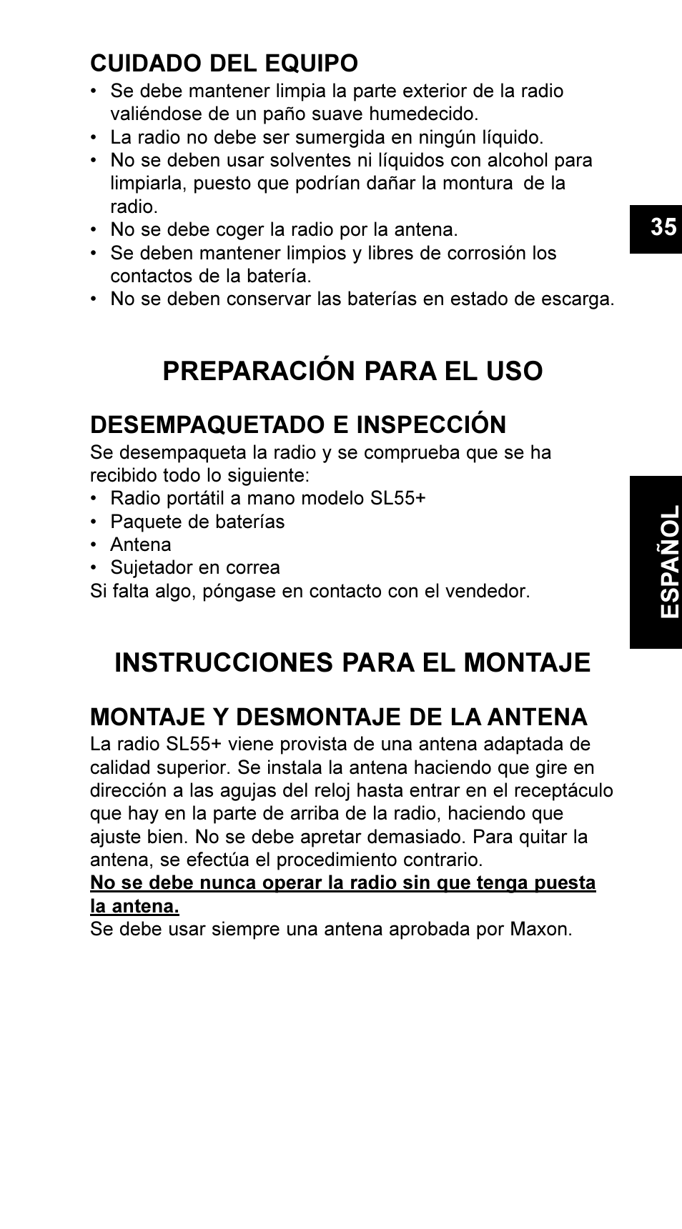 Preparación para el uso, Instrucciones para el montaje, Cuidado del equipo | Desempaquetado e inspección, Montaje y desmontaje de la antena, 35 e s pañol | Maxon Telecom UM-SL55 User Manual | Page 37 / 79