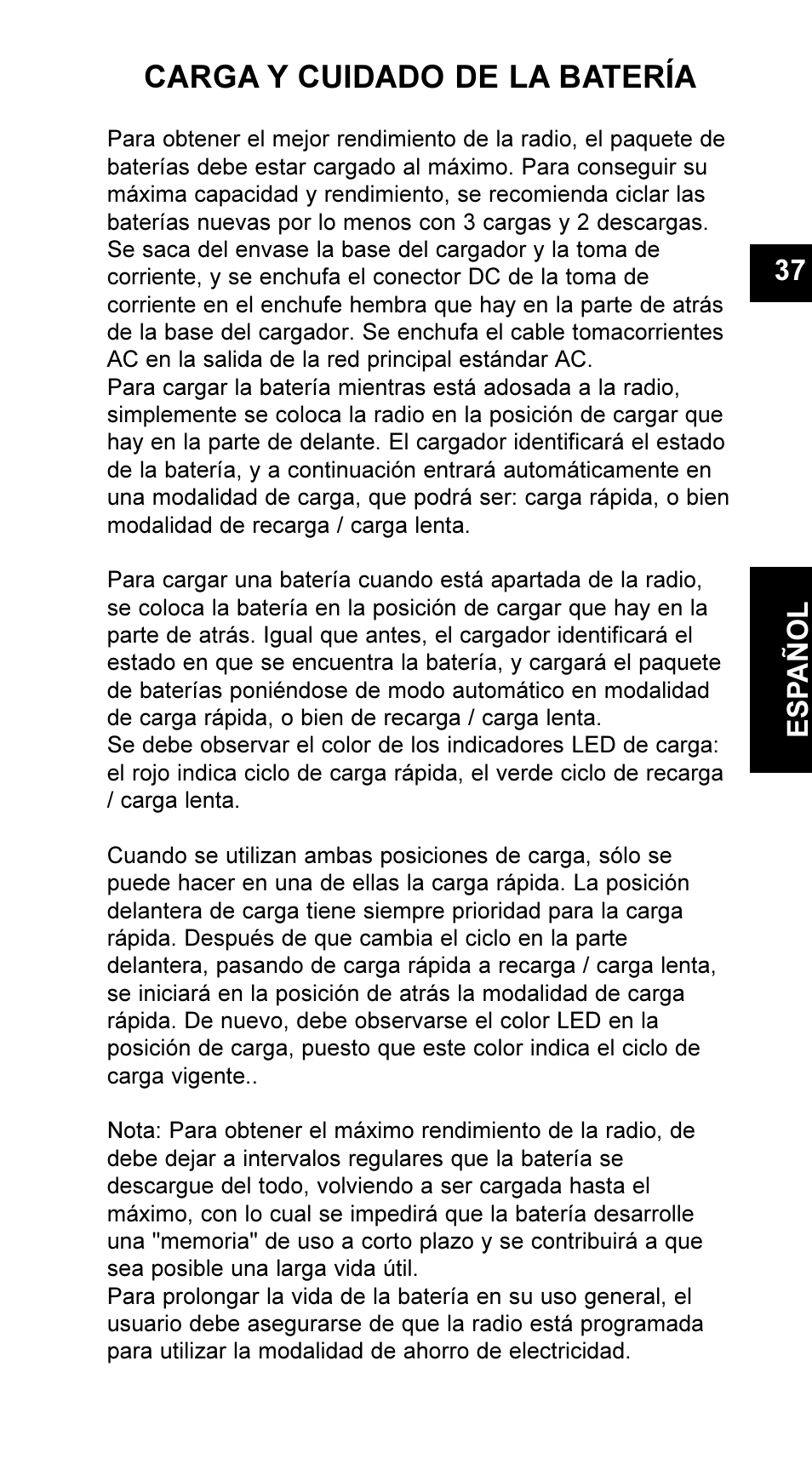 Carga y cuidado de la batería, 37 e s pañol | Maxon Telecom UM-SL55 User Manual | Page 39 / 79