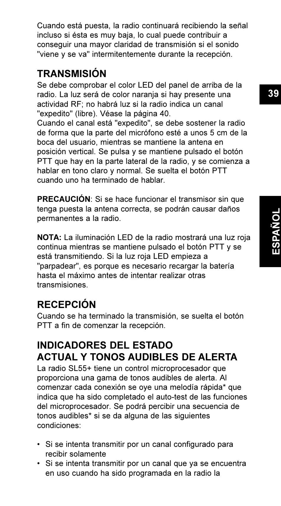 Transmisión, Recepción, 39 e s pañol | Maxon Telecom UM-SL55 User Manual | Page 41 / 79