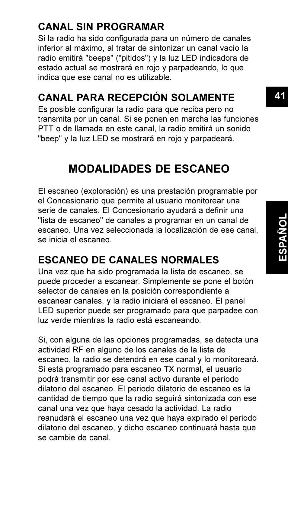 Modalidades de escaneo, Canal sin programar, Canal para recepción solamente | Escaneo de canales normales, 41 e s pañol | Maxon Telecom UM-SL55 User Manual | Page 43 / 79