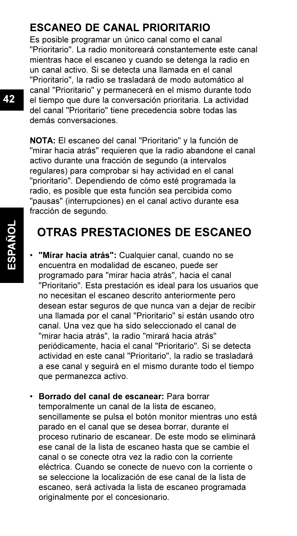 Otras prestaciones de escaneo, Escaneo de canal prioritario, Es pañol 42 | Maxon Telecom UM-SL55 User Manual | Page 44 / 79