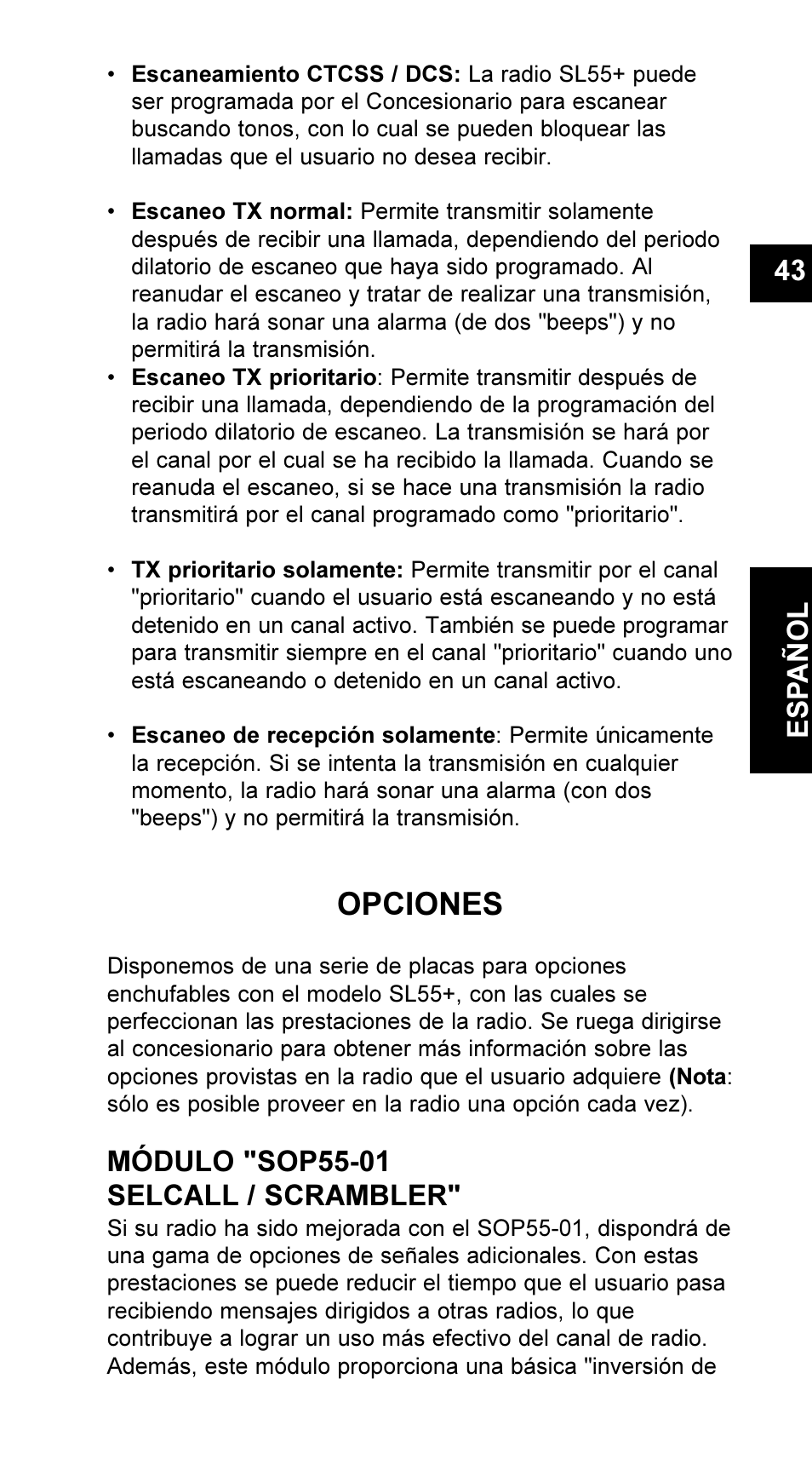 Opciones, Módulo "sop55-01 selcall / scrambler, 43 e s pañol | Maxon Telecom UM-SL55 User Manual | Page 45 / 79