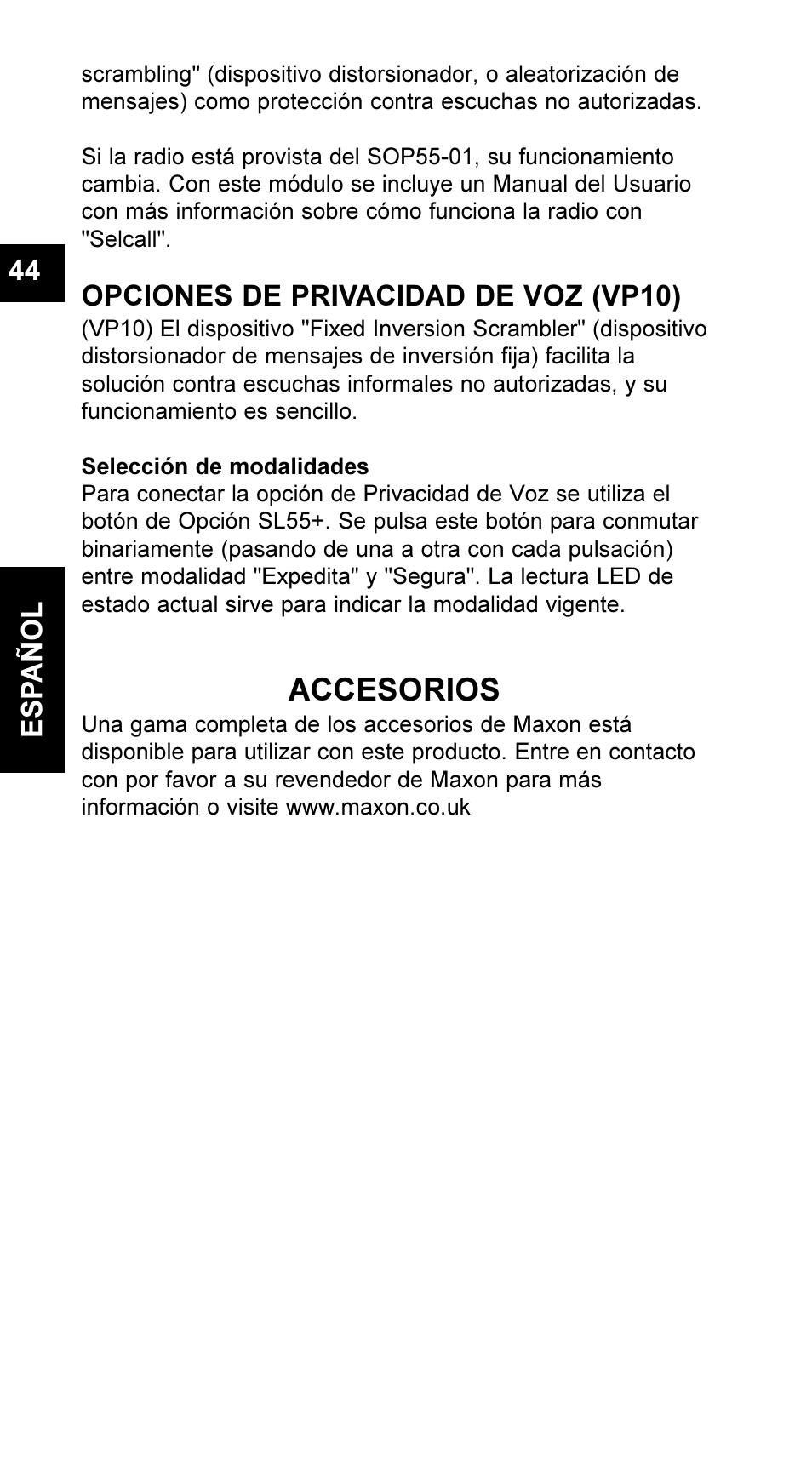 Accesorios, Opciones de privacidad de voz (vp10), Es pañol 44 | Maxon Telecom UM-SL55 User Manual | Page 46 / 79