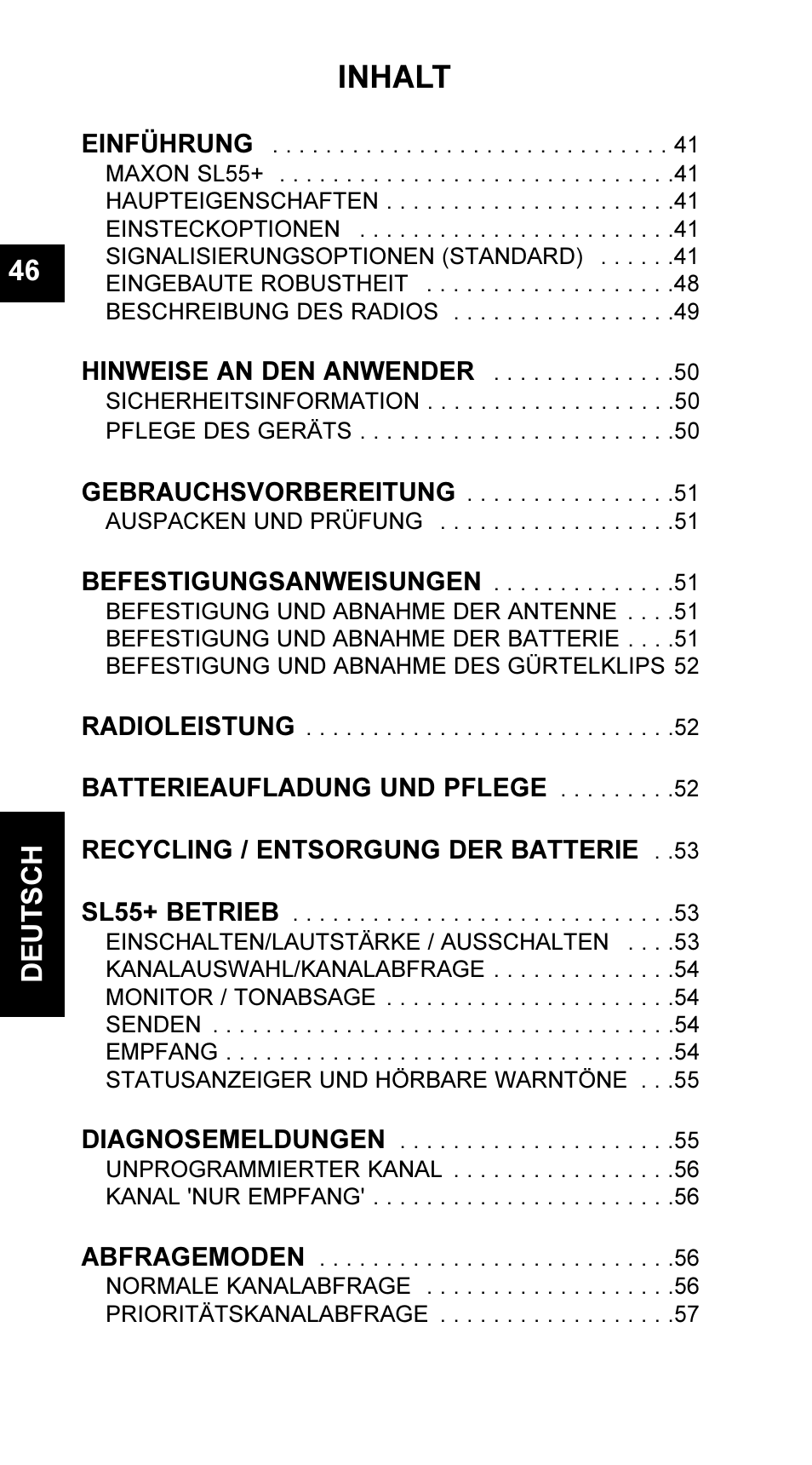 Inhalt, Deutsch 46 | Maxon Telecom UM-SL55 User Manual | Page 48 / 79