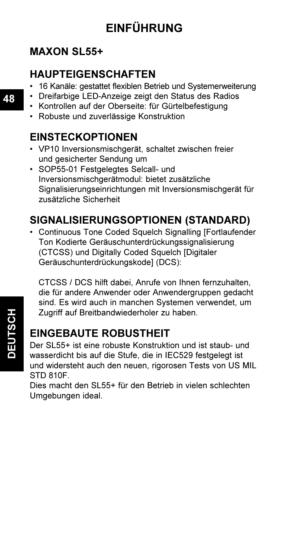 Einführung, Deutsch 48, Maxon sl55+ haupteigenschaften | Einsteckoptionen, Signalisierungsoptionen (standard), Eingebaute robustheit | Maxon Telecom UM-SL55 User Manual | Page 50 / 79