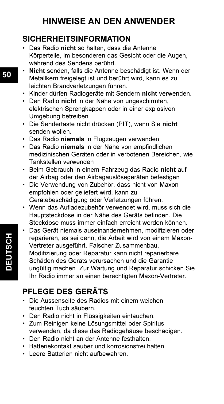 Hinweise an den anwender, Deutsch 50, Sicherheitsinformation | Pflege des geräts | Maxon Telecom UM-SL55 User Manual | Page 52 / 79