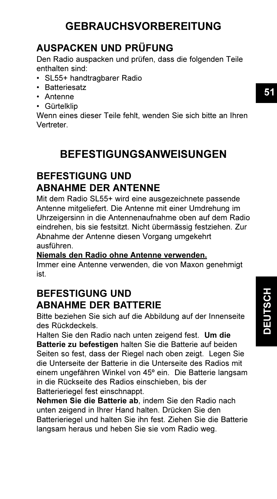 Gebrauchsvorbereitung, Befestigungsanweisungen, 51 deutsch | Auspacken und prüfung, Befestigung und abnahme der antenne, Befestigung und abnahme der batterie | Maxon Telecom UM-SL55 User Manual | Page 53 / 79