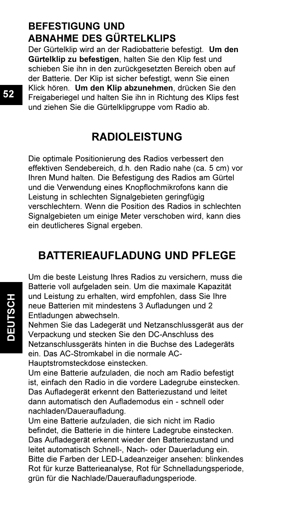 Radioleistung, Batterieaufladung und pflege, Deutsch 52 befestigung und abnahme des gürtelklips | Maxon Telecom UM-SL55 User Manual | Page 54 / 79