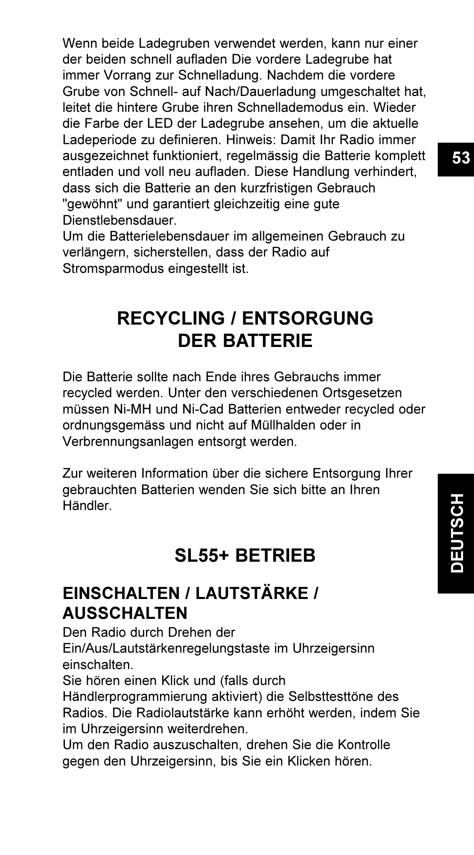 Recycling / entsorgung der batterie, Sl55+ betrieb, 53 deutsch | Einschalten / lautstärke / ausschalten | Maxon Telecom UM-SL55 User Manual | Page 55 / 79