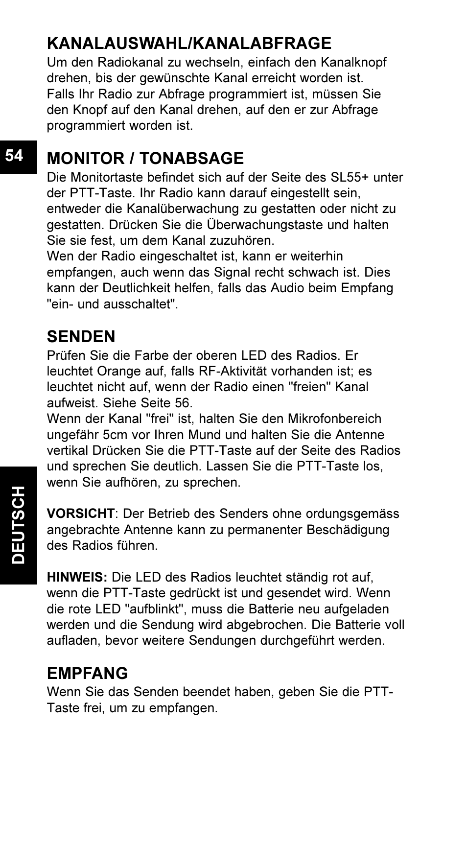 Deutsch 54 kanalauswahl/kanalabfrage, Monitor / tonabsage, Senden | Empfang | Maxon Telecom UM-SL55 User Manual | Page 56 / 79