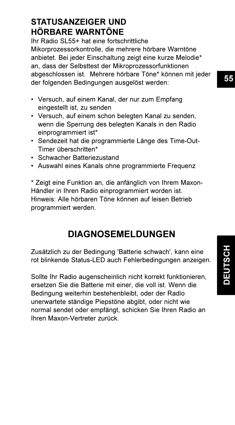 Diagnosemeldungen, 55 deutsch statusanzeiger und hörbare warntöne | Maxon Telecom UM-SL55 User Manual | Page 57 / 79