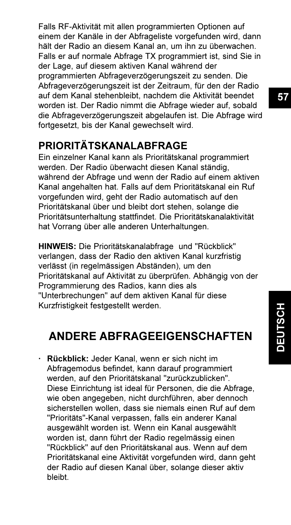 Andere abfrageeigenschaften, 57 deutsch, Prioritätskanalabfrage | Maxon Telecom UM-SL55 User Manual | Page 59 / 79