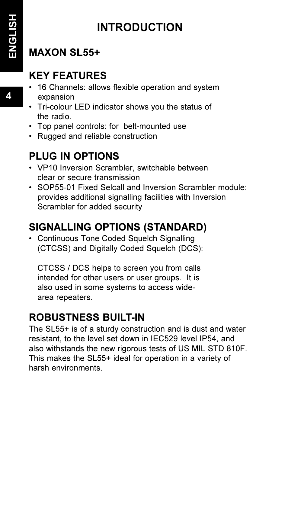 Introduction, English 4, Maxon sl55+ key features | Plug in options, Signalling options (standard), Robustness built-in | Maxon Telecom UM-SL55 User Manual | Page 6 / 79