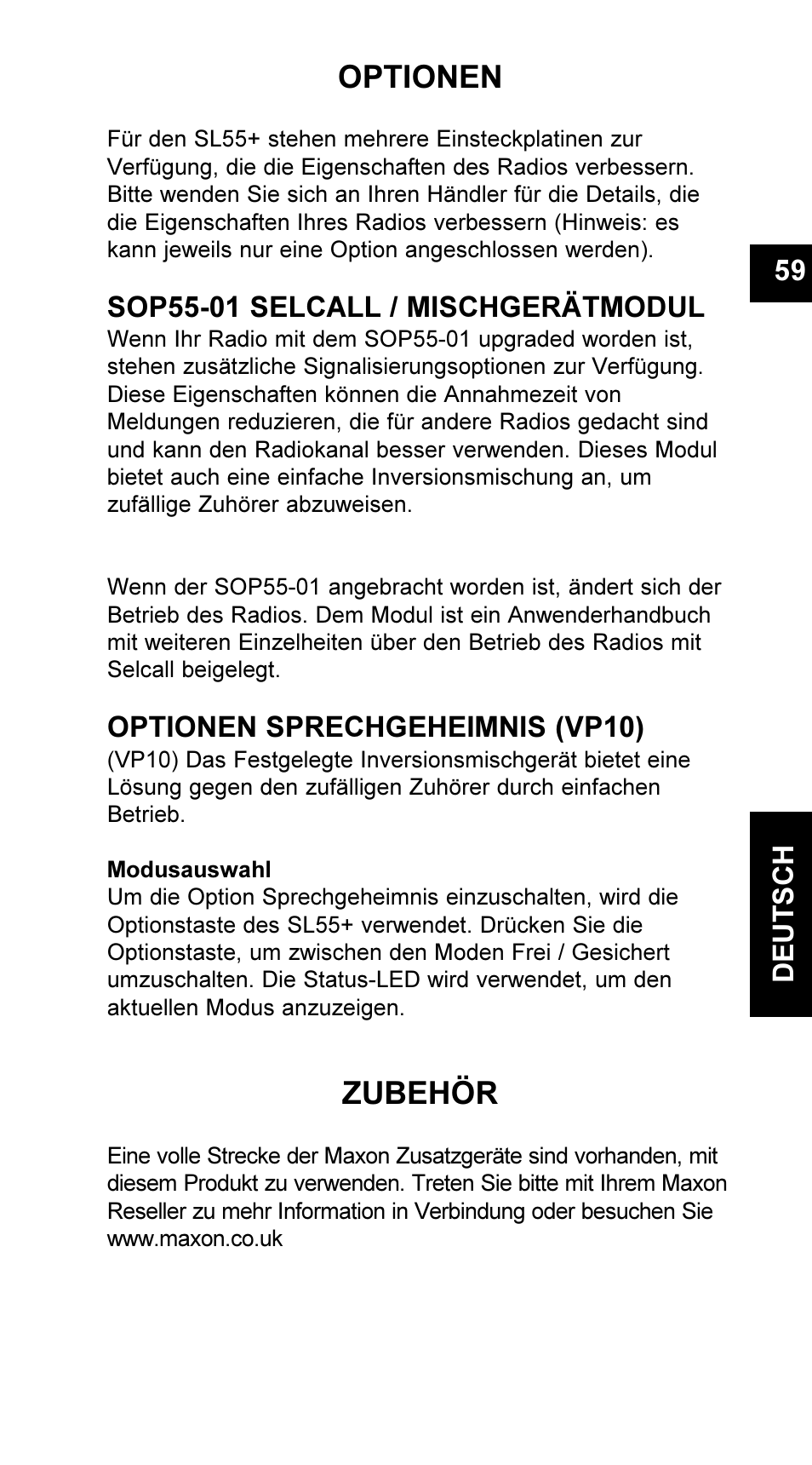 Optionen, Zubehör, 59 deutsch | Sop55-01 selcall / mischgerätmodul, Optionen sprechgeheimnis (vp10) | Maxon Telecom UM-SL55 User Manual | Page 61 / 79