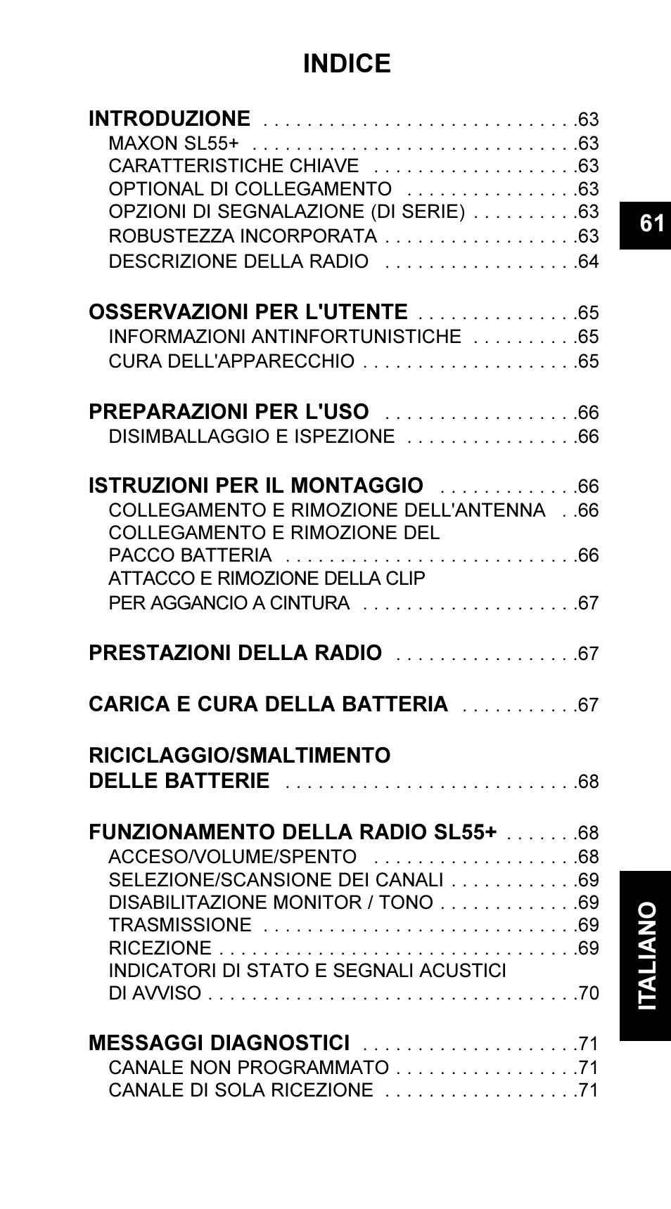 Indice, 61 it aliano | Maxon Telecom UM-SL55 User Manual | Page 63 / 79