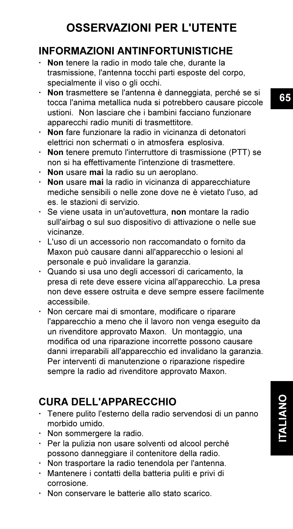 Osservazioni per l'utente, 65 it aliano, Informazioni antinfortunistiche | Cura dell'apparecchio | Maxon Telecom UM-SL55 User Manual | Page 67 / 79