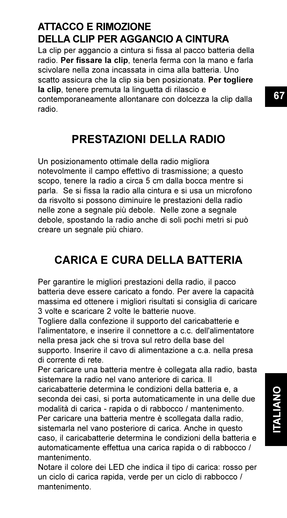 Prestazioni della radio, Carica e cura della batteria | Maxon Telecom UM-SL55 User Manual | Page 69 / 79