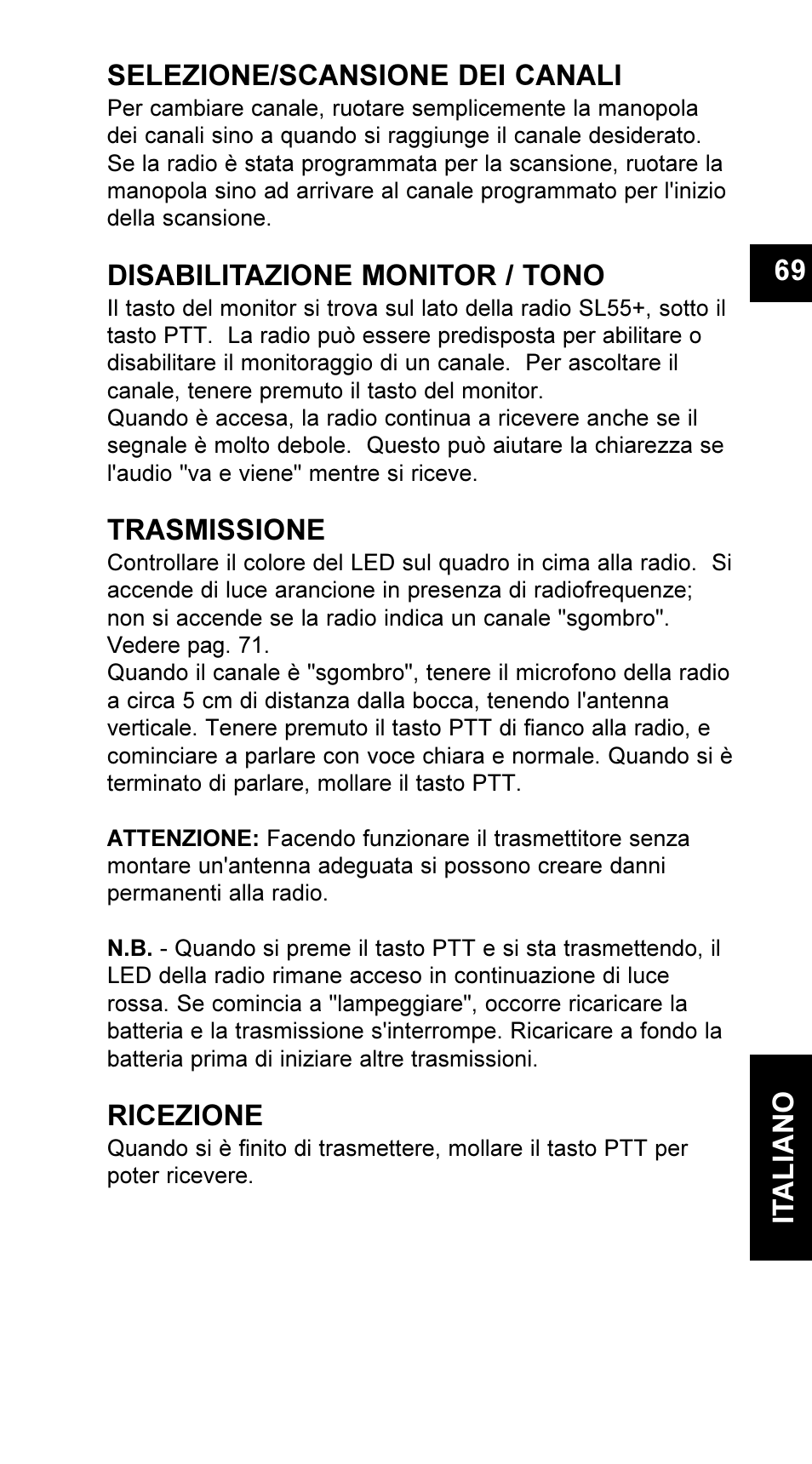 69 it aliano selezione/scansione dei canali, Disabilitazione monitor / tono, Trasmissione | Ricezione | Maxon Telecom UM-SL55 User Manual | Page 71 / 79