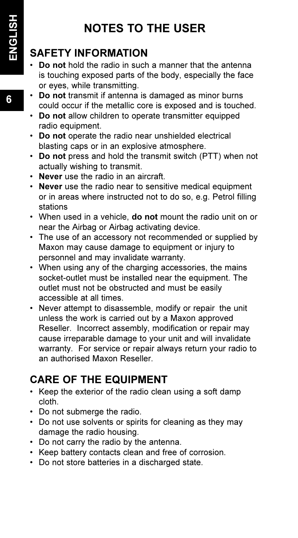 Safety information, Care of the equipment, English 6 | Maxon Telecom UM-SL55 User Manual | Page 8 / 79