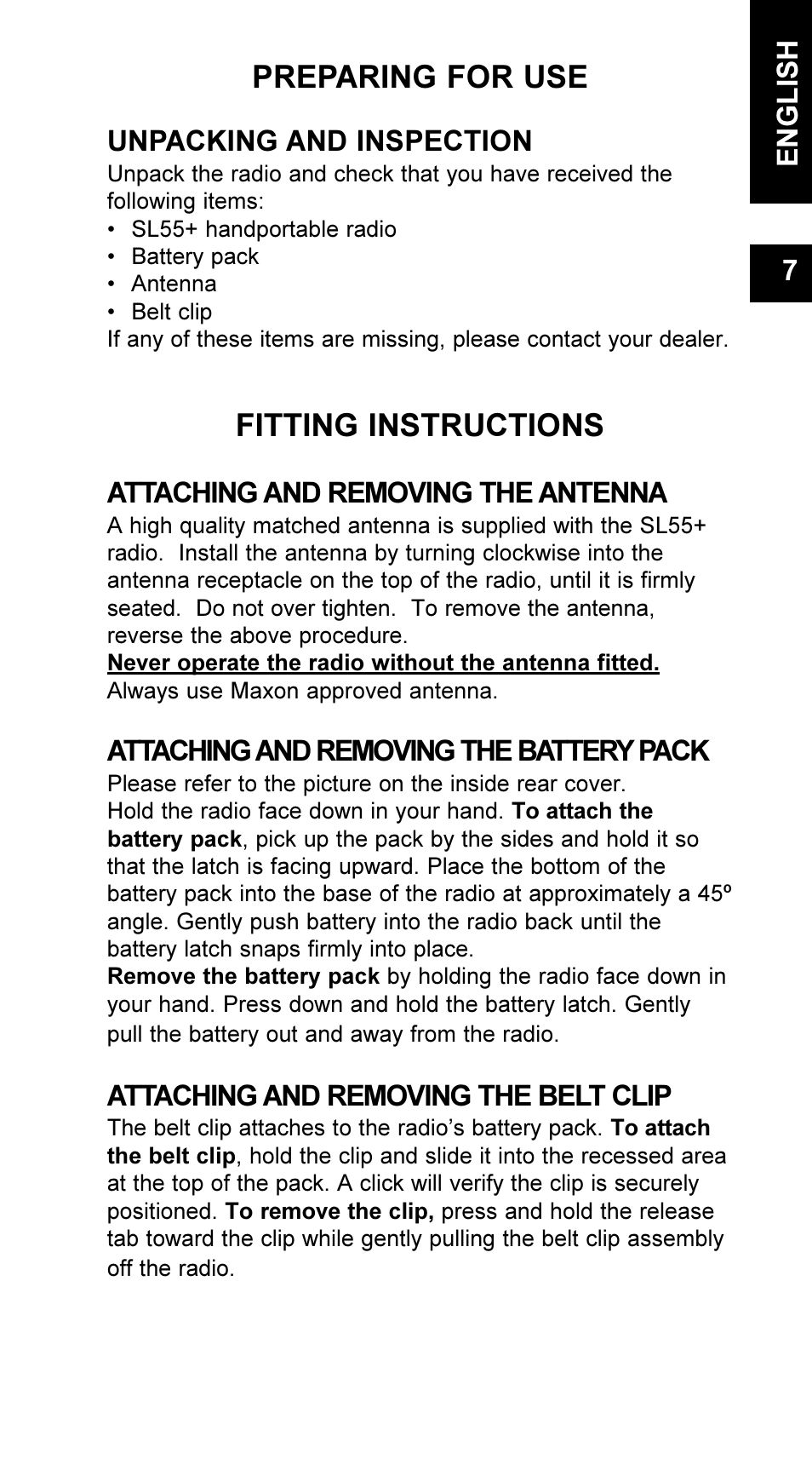 Preparing for use, Fitting instructions, Unpacking and inspection | Attaching and removing the antenna, Attaching and removing the batterypack, Attaching and removing the belt clip, English 7 | Maxon Telecom UM-SL55 User Manual | Page 9 / 79