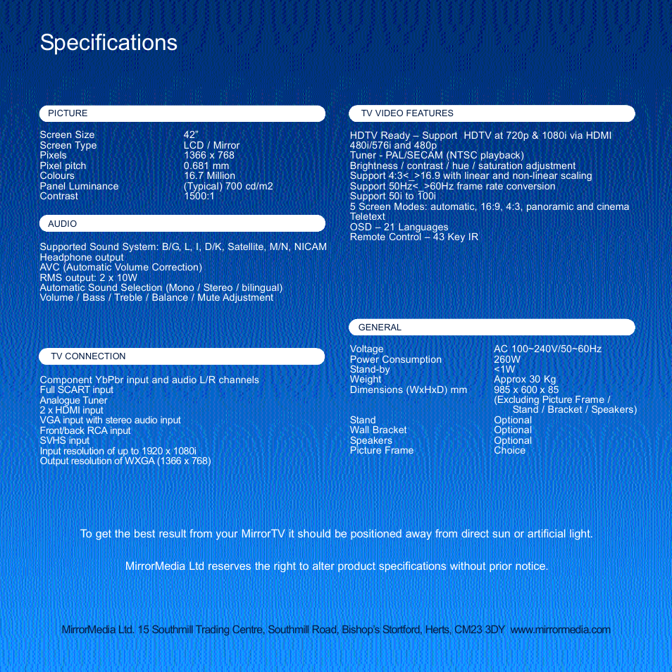 Specifications | Mirror Media MT42T User Manual | Page 2 / 2