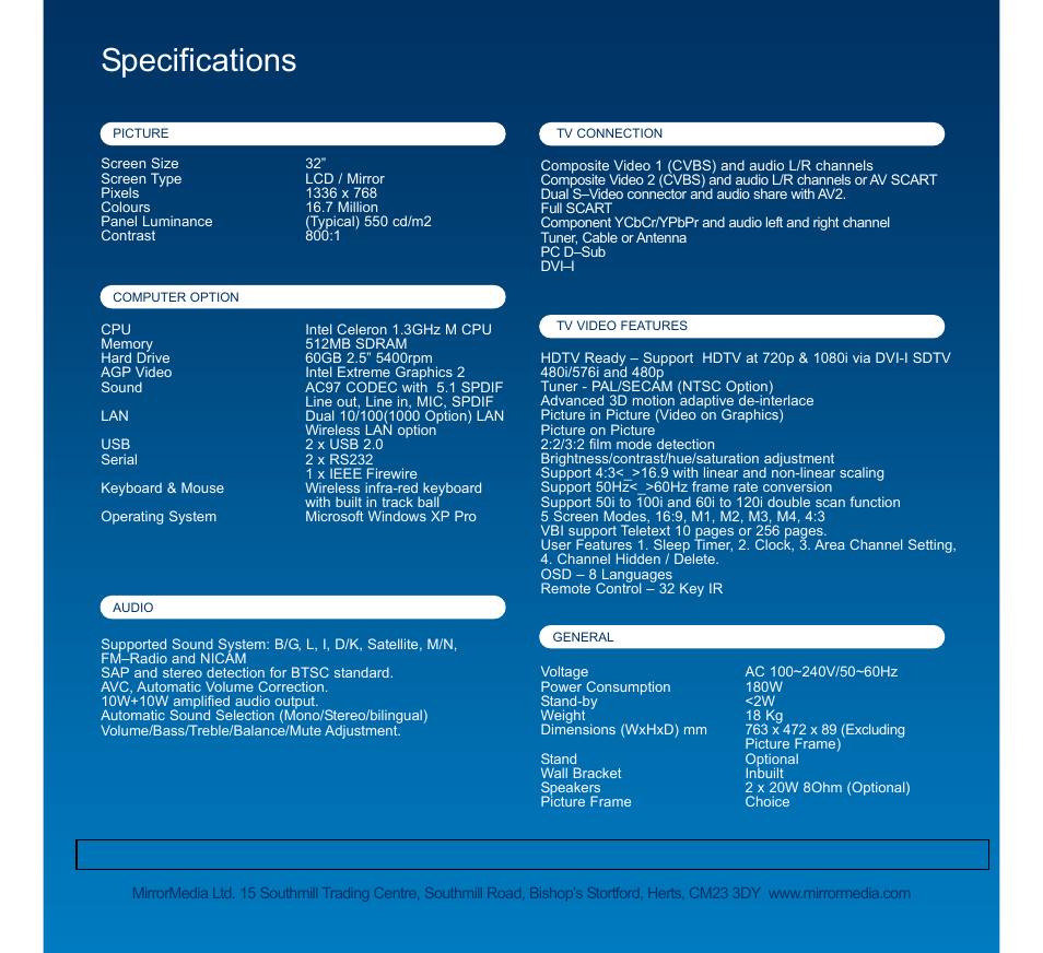 Specifications | Mirror Media MM32T User Manual | Page 2 / 2