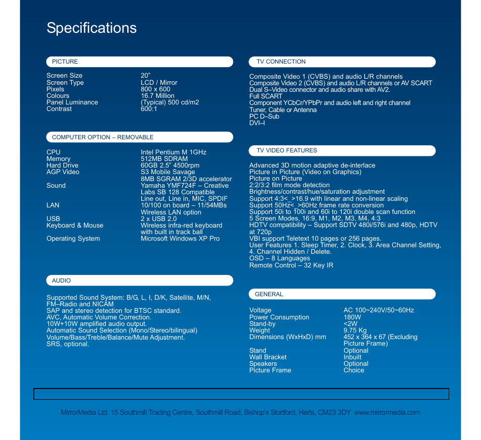 Specifications | Mirror Media MM20T User Manual | Page 2 / 2