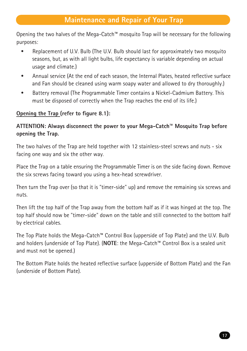 Maintenance and repair of your trap | Mega Catch Premier MCP800 User Manual | Page 19 / 26