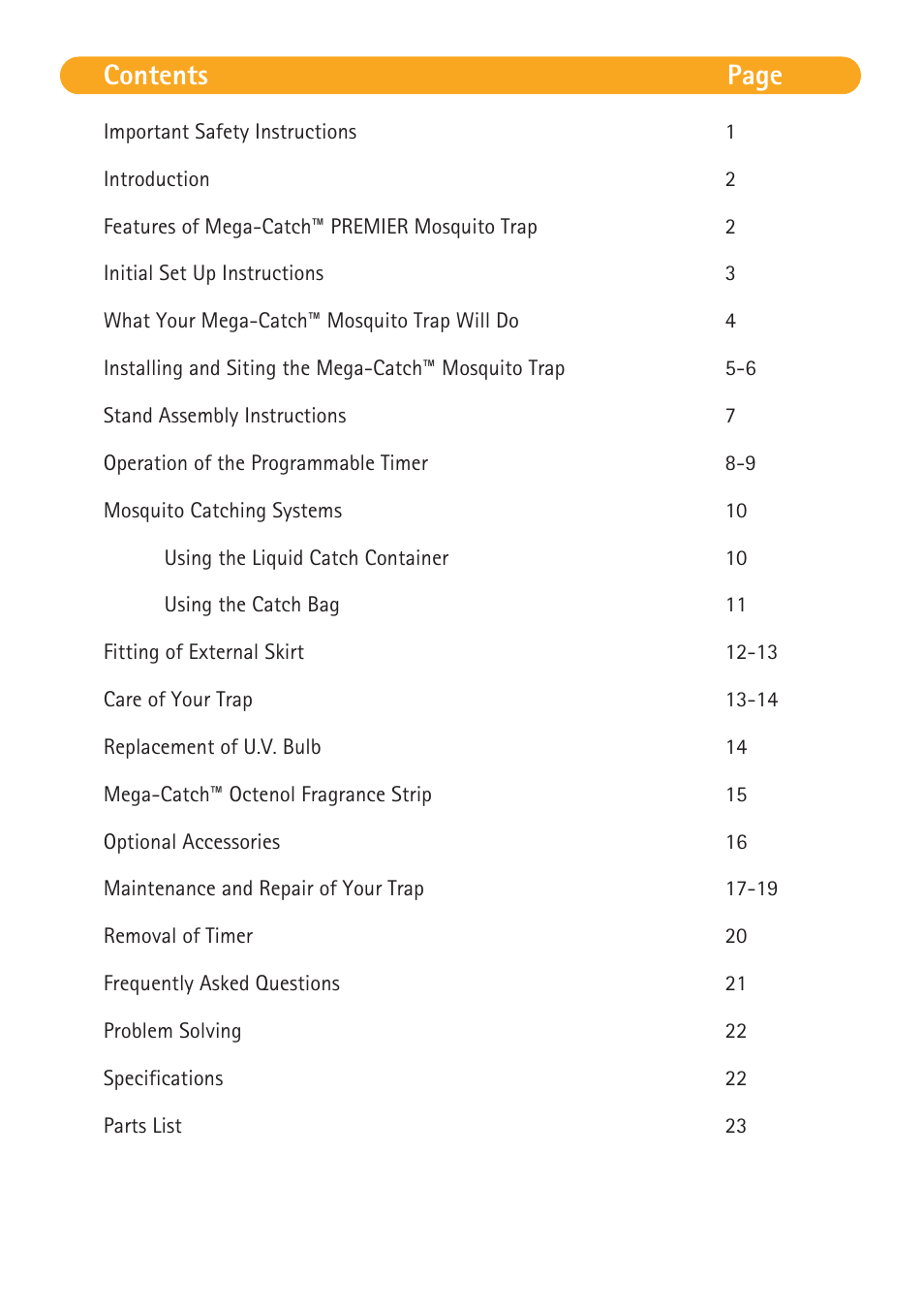 Contents page | Mega Catch Premier MCP800 User Manual | Page 2 / 26