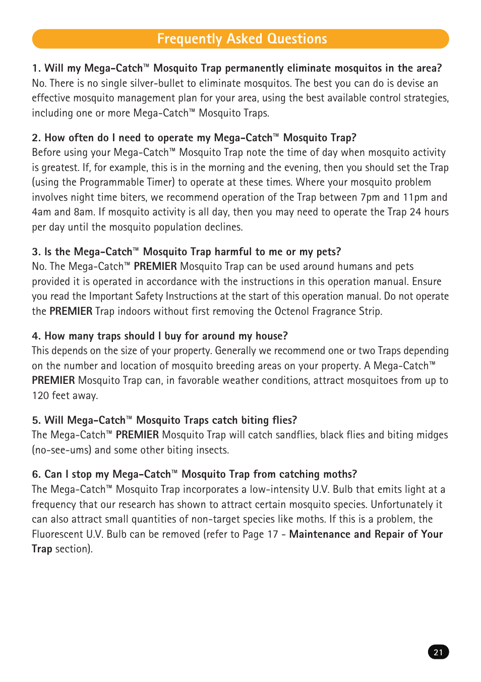 Frequently asked questions | Mega Catch Premier MCP800 User Manual | Page 23 / 26