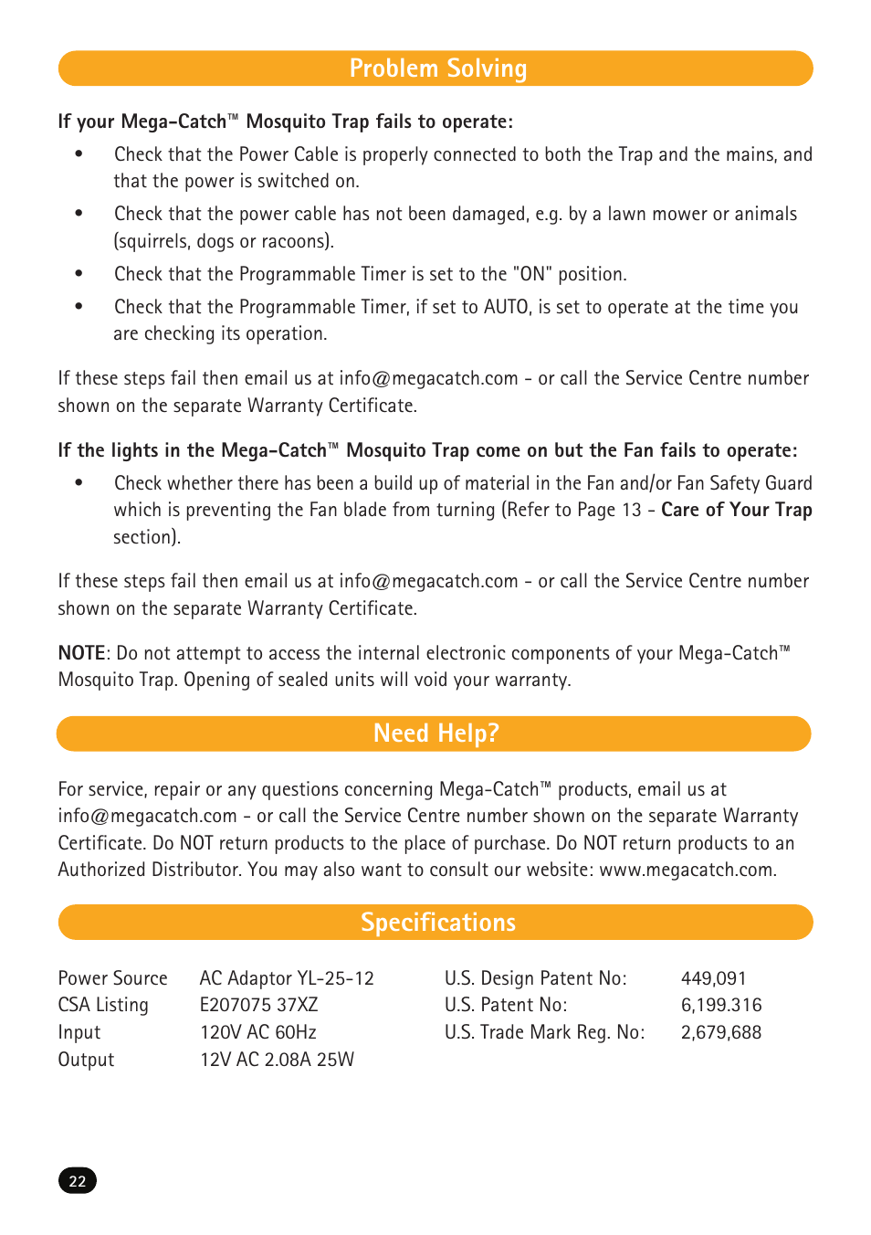 Problem solving need help? specifications | Mega Catch Premier MCP800 User Manual | Page 24 / 26
