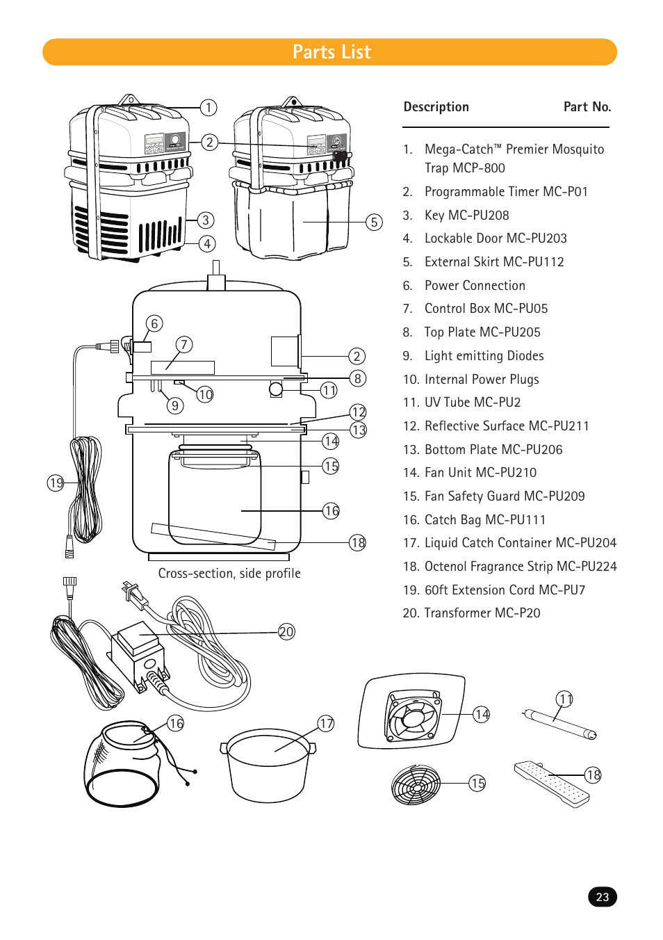 Parts list | Mega Catch Premier MCP800 User Manual | Page 25 / 26