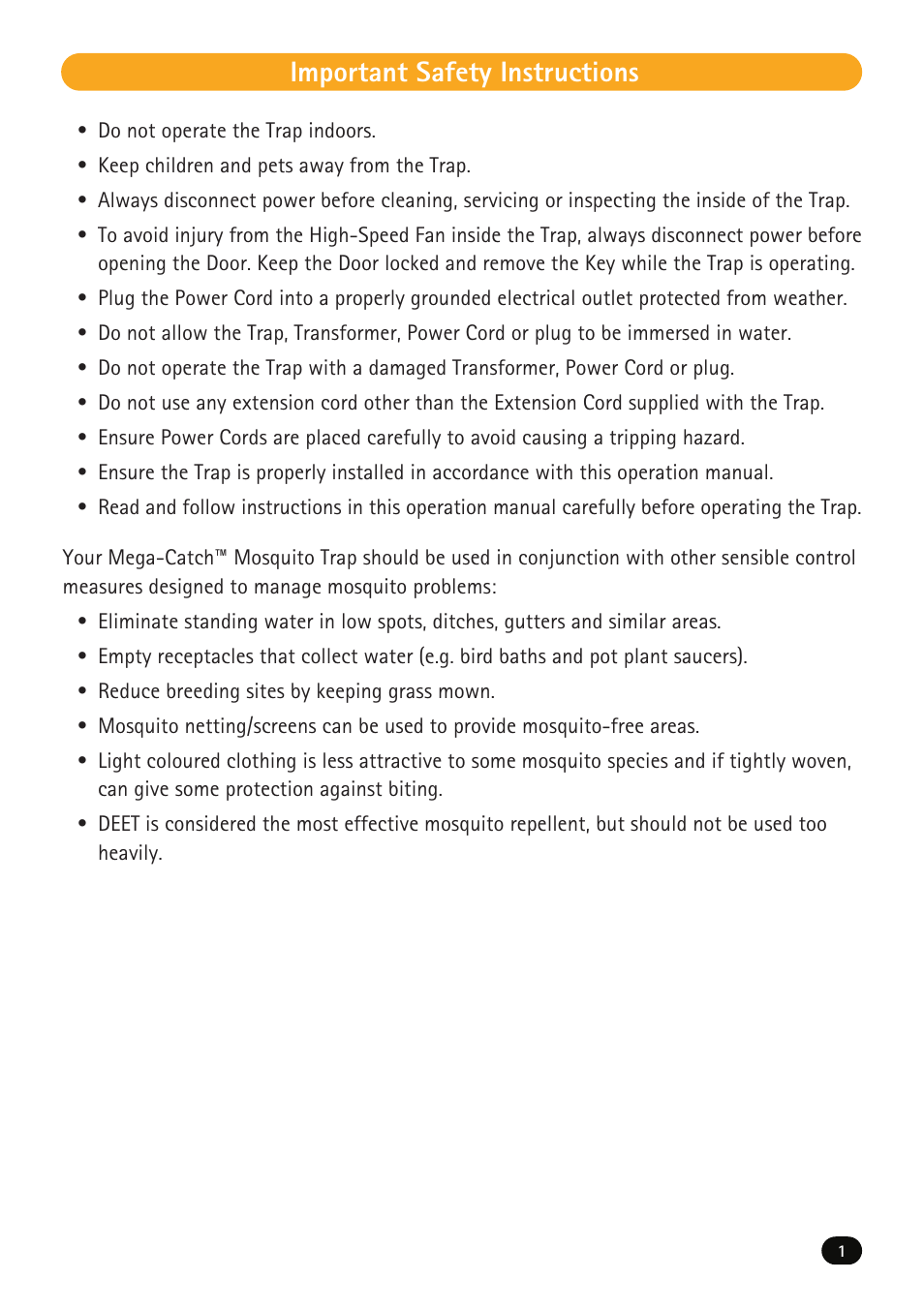 Important safety instructions | Mega Catch Premier MCP800 User Manual | Page 3 / 26