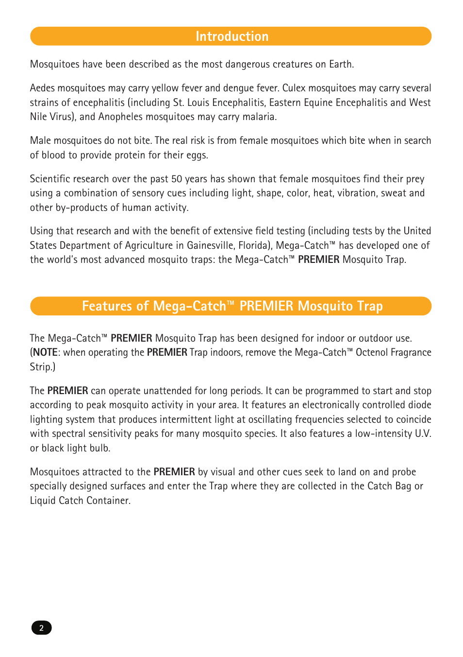Introduction, Features of mega-catch premier mosquito trap | Mega Catch Premier MCP800 User Manual | Page 4 / 26