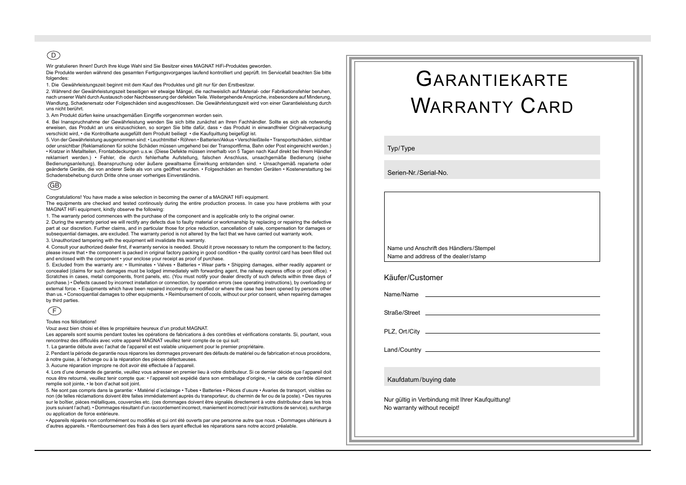 Arantiekarte, Arranty | Magnat Audio MC 1 User Manual | Page 51 / 52