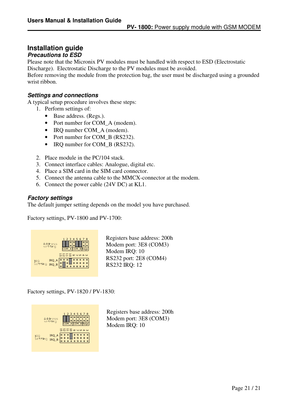 Installation guide | Micro Technic Micronix 1800 Series User Manual | Page 21 / 21