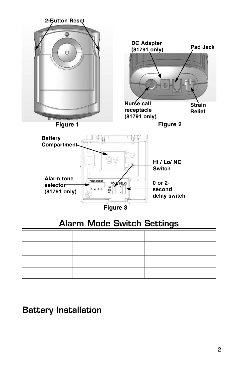 Alarm mode switch settings, Battery installation | Micro Technic INFORMER-MATE 81781 User Manual | Page 5 / 12