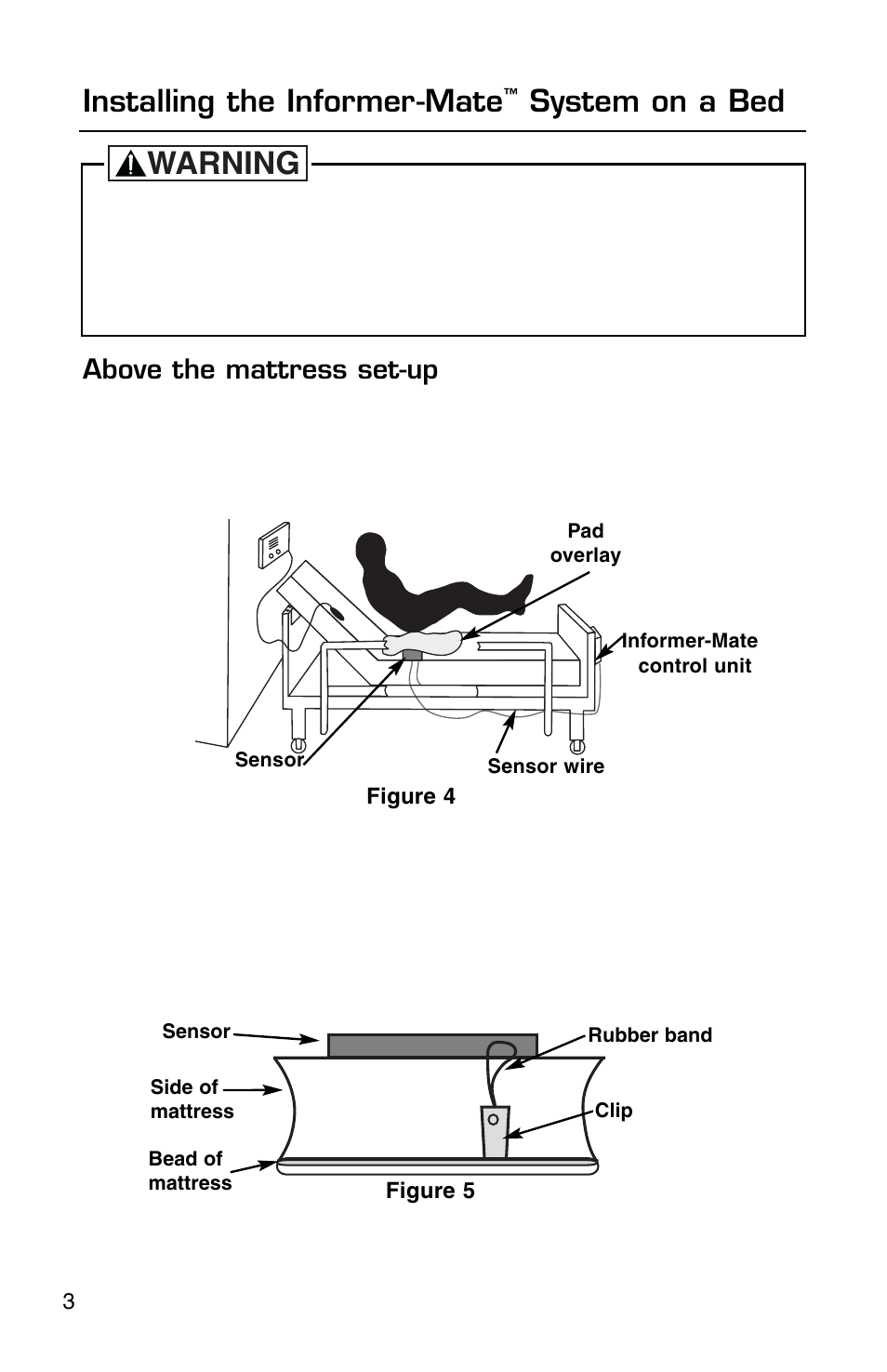 Warning, Installing the informer-mate, System on a bed | Above the mattress set-up | Micro Technic INFORMER-MATE 81781 User Manual | Page 6 / 12