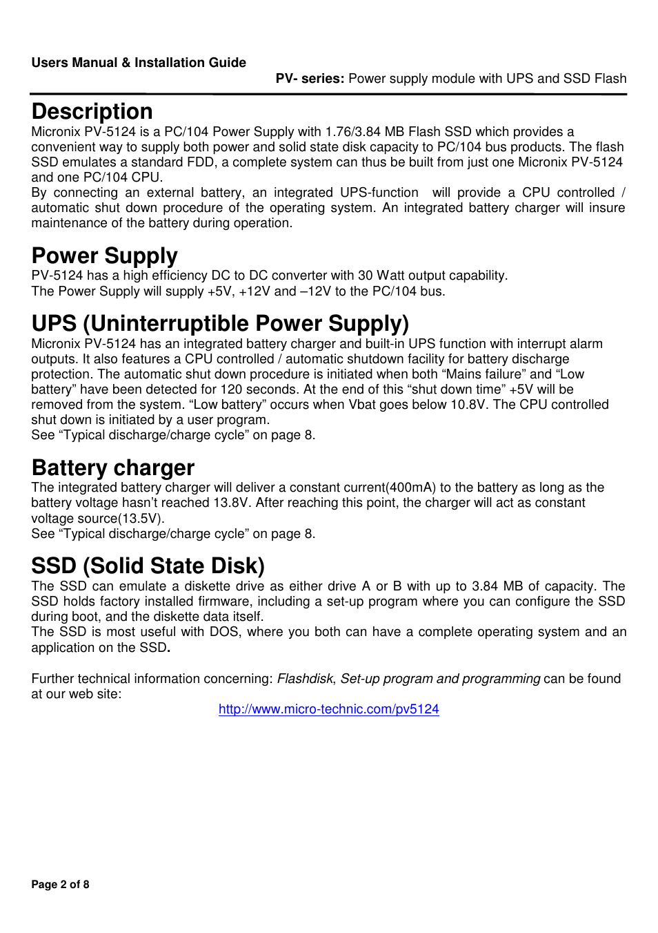 Description, Power supply, Ups (uninterruptible power supply) | Battery charger, Ssd (solid state disk) | Micro Technic MICRONIX PC/104 PV-5120 User Manual | Page 2 / 8