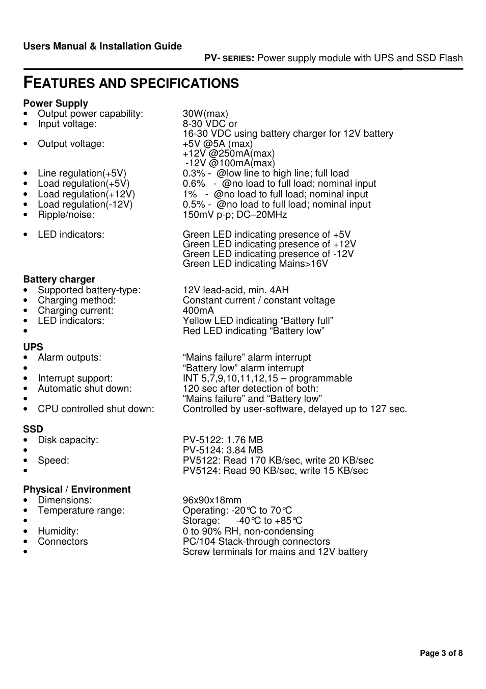 Eatures and specifications | Micro Technic MICRONIX PC/104 PV-5120 User Manual | Page 3 / 8