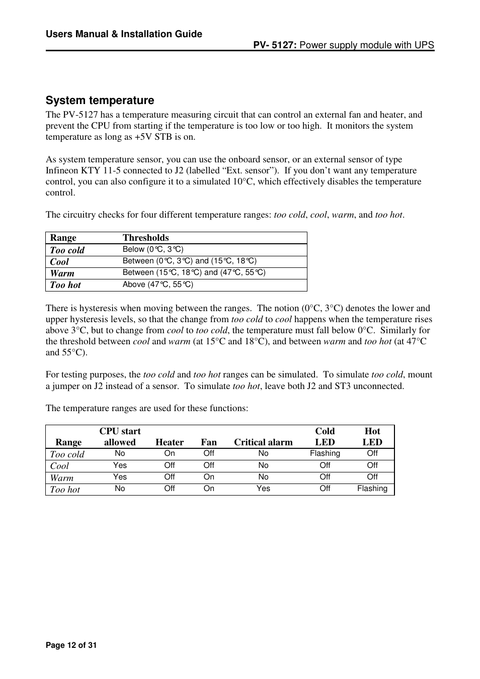 System temperature | Micro Technic Micronix PV-5127 User Manual | Page 12 / 31