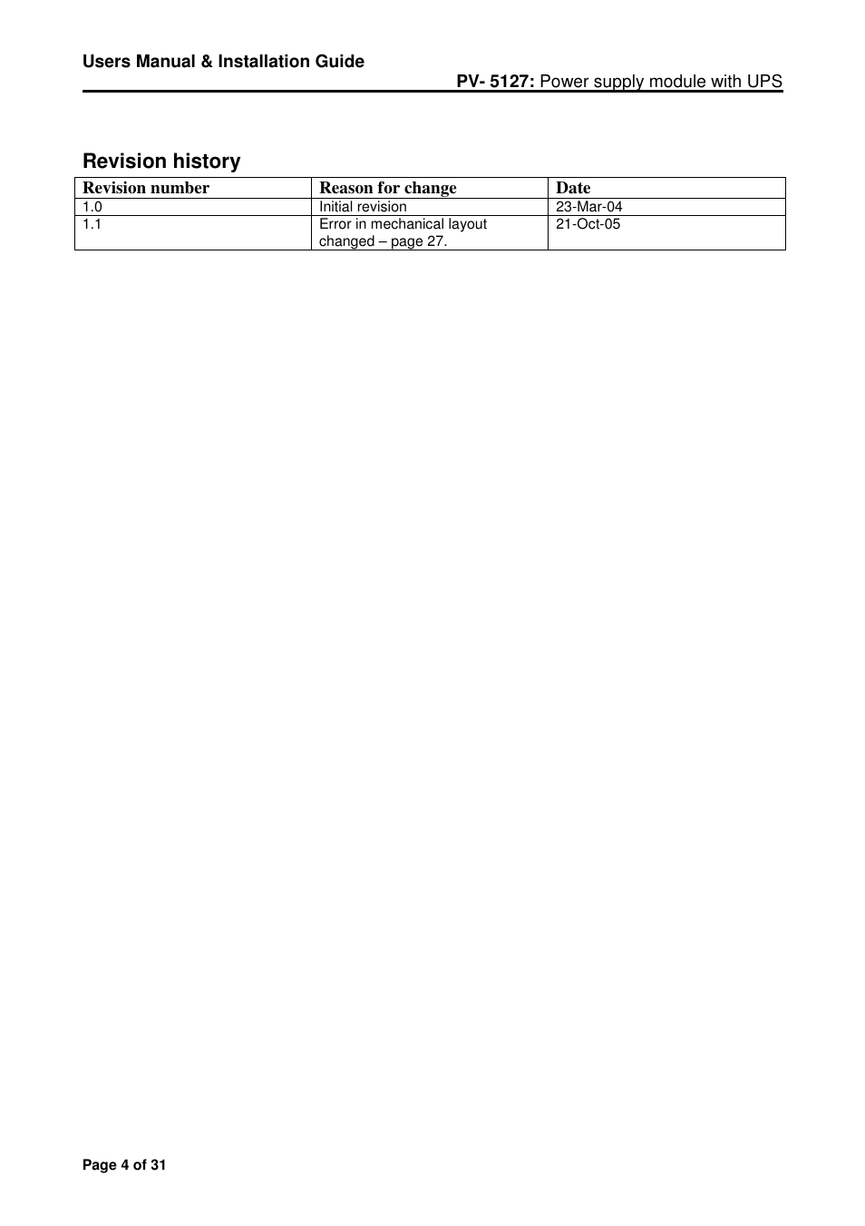 Revision history | Micro Technic Micronix PV-5127 User Manual | Page 4 / 31