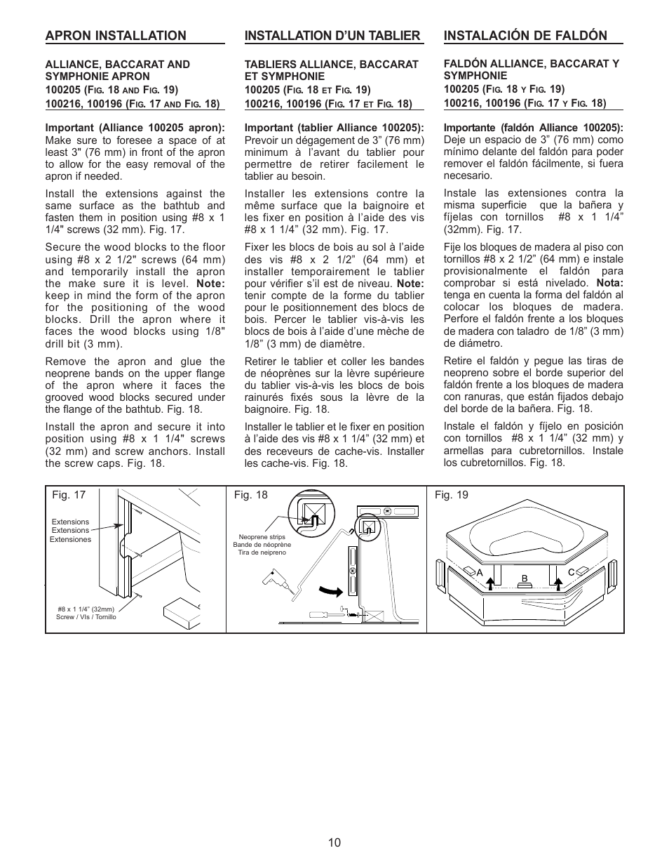 Apron installation, Installation d’un tablier, Instalación de faldón | MAAX 10011916 User Manual | Page 12 / 28