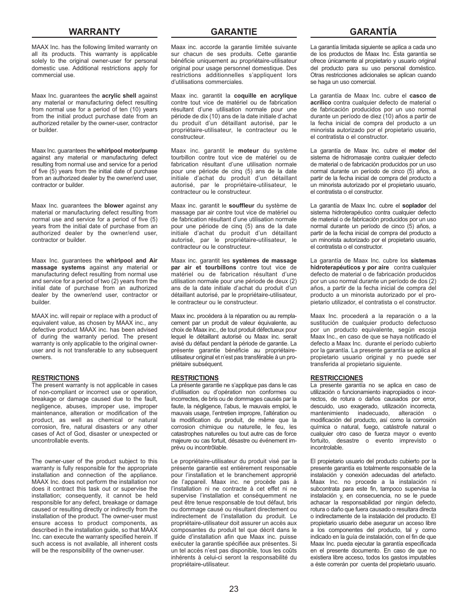 Warranty, Garantie, Garantía | MAAX 10011916 User Manual | Page 25 / 28