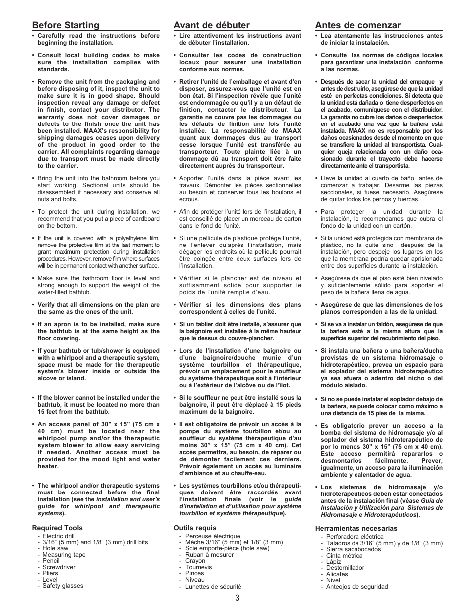 Before starting, Avant de débuter, Antes de comenzar | MAAX 10011916 User Manual | Page 5 / 28