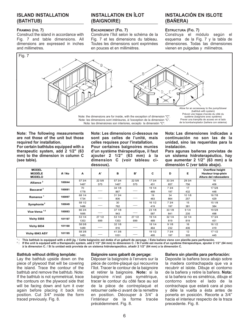 Island installation (bathtub), Installation en îlot (baignoire), Instalación en islote (bañera) | Fig. 7 | MAAX 10011916 User Manual | Page 8 / 28