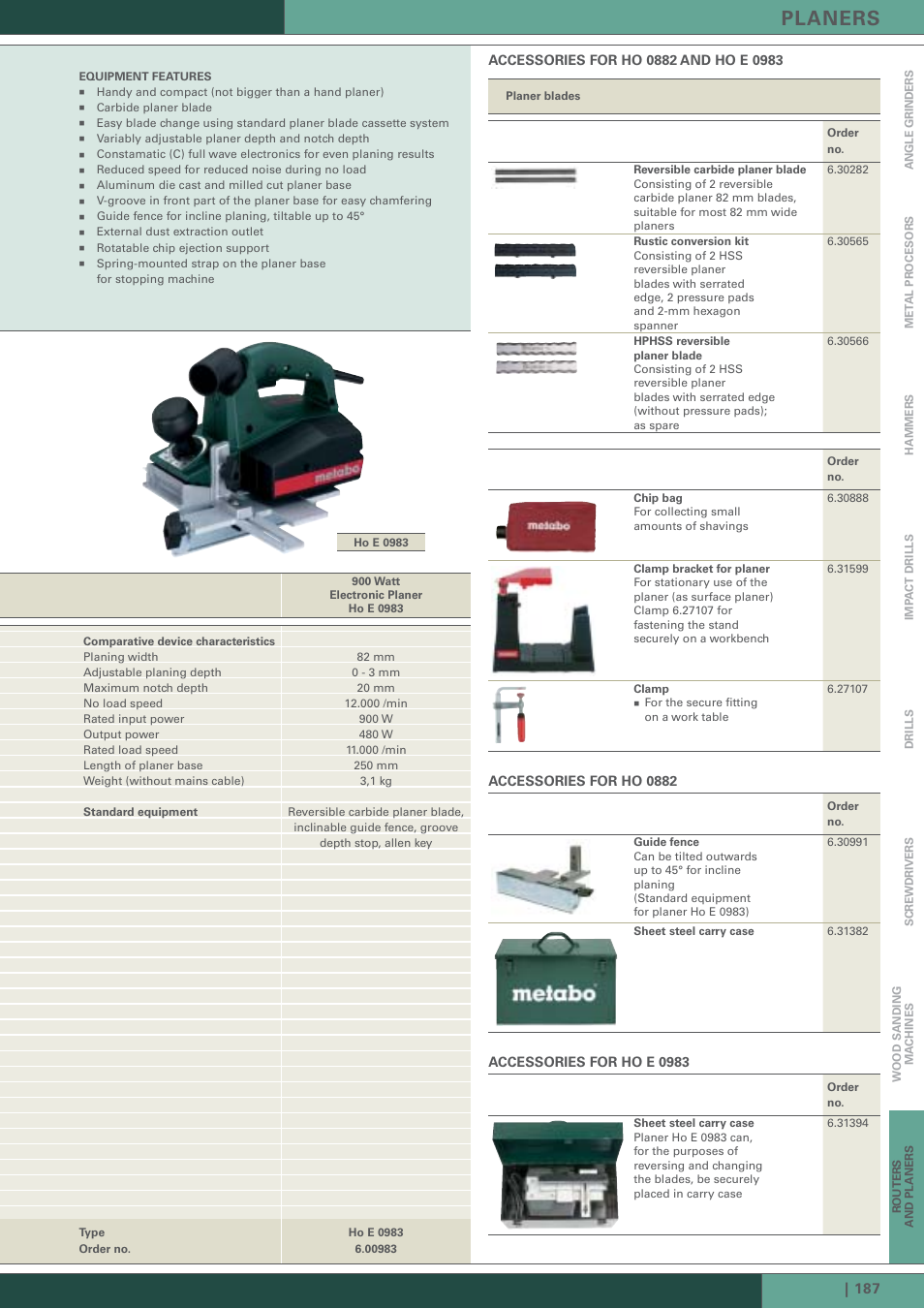 Planers, Accessories for ho 0882, Accessories for ho e 0983 | Metabo Routers and Planers User Manual | Page 12 / 12