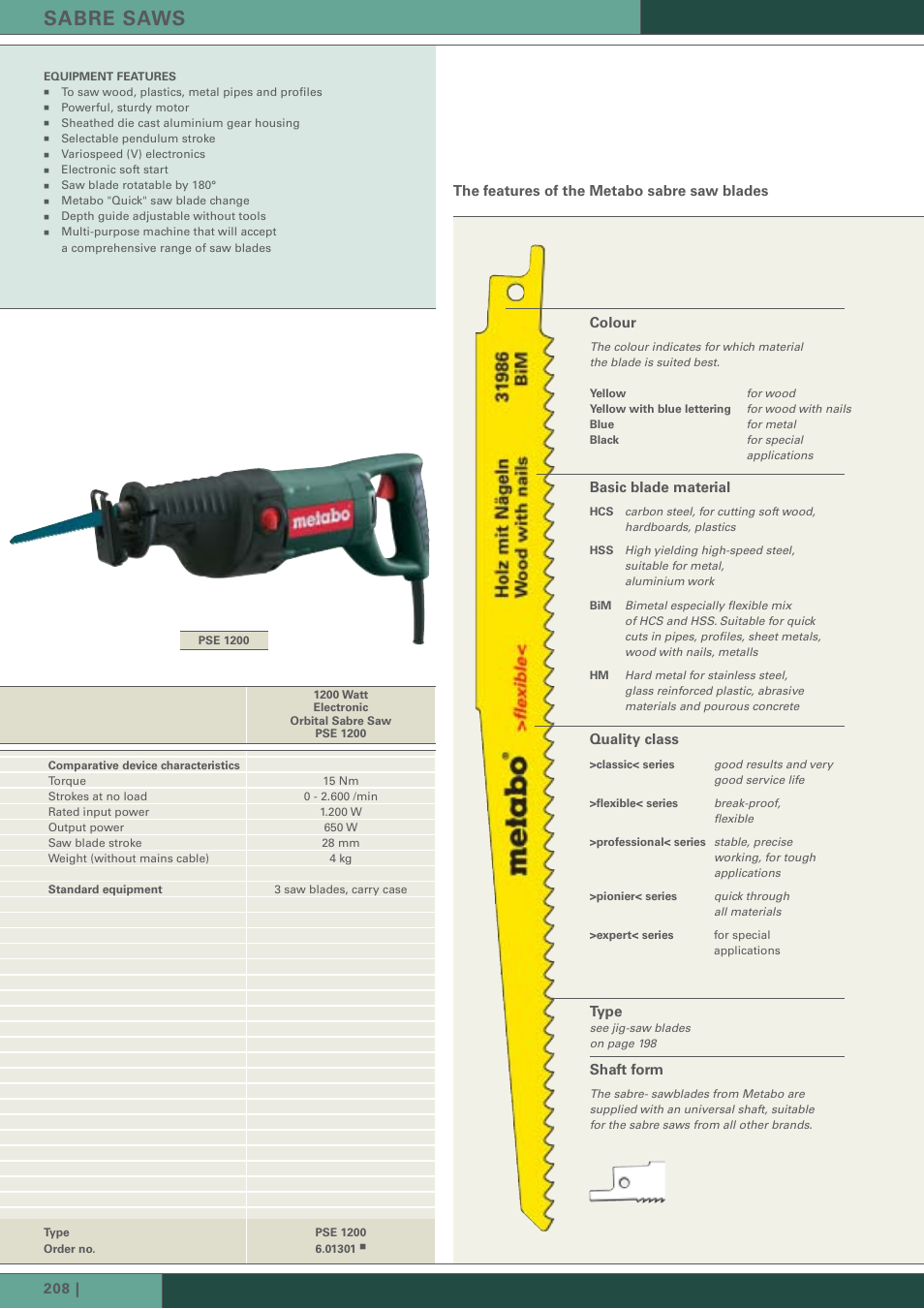 Sabre saws, Colour, Quality class | Basic blade material, Shaft form, Type, The features of the metabo sabre saw blades | Metabo ASE 18 User Manual | Page 2 / 10