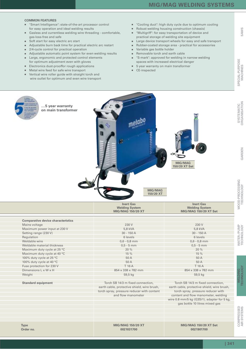 Mig/mag welding systems, Year warranty on main transformer | Metabo TIG 170 AC/DC User Manual | Page 8 / 14