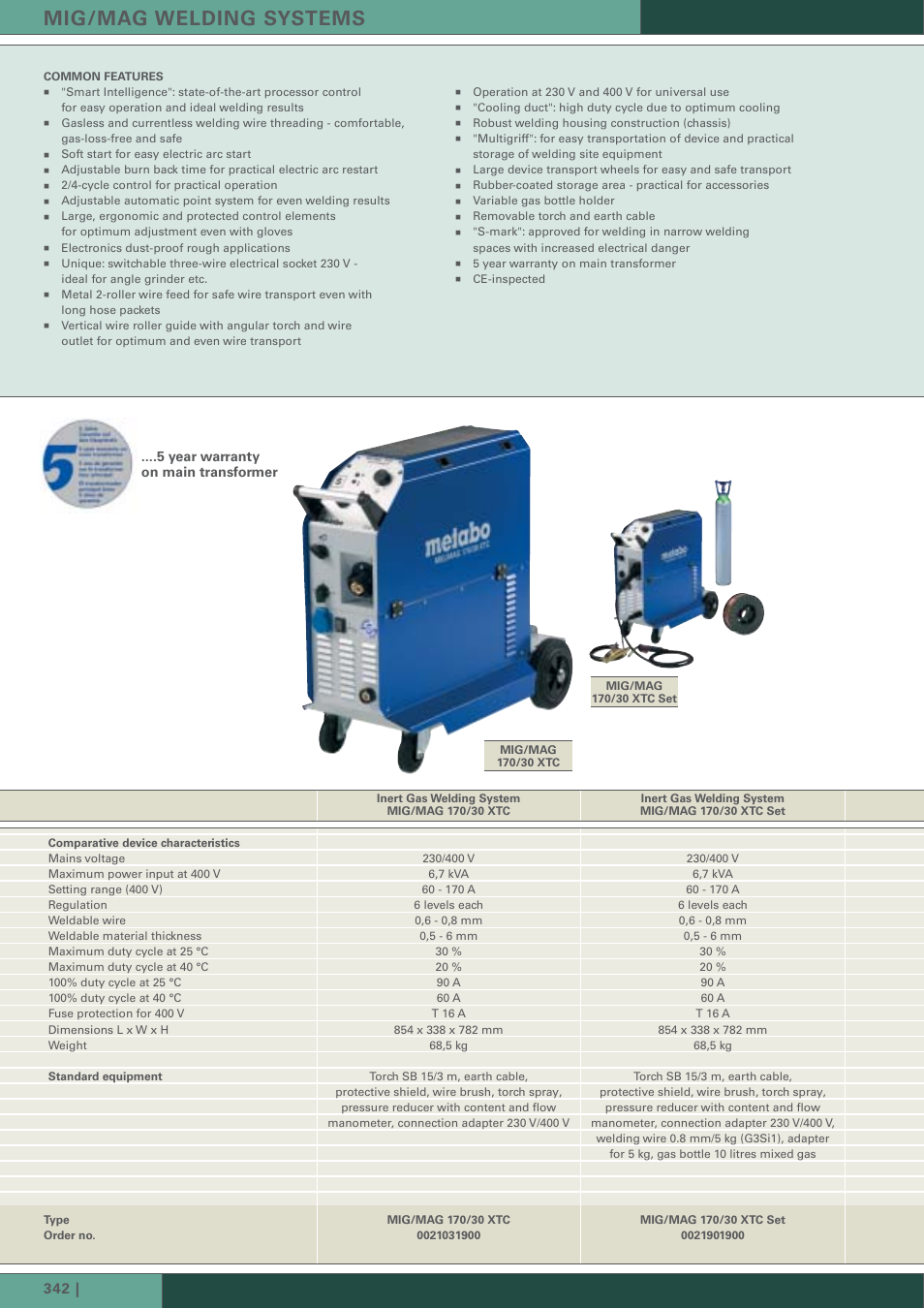 Mig/mag welding systems, Year warranty on main transformer | Metabo TIG 170 AC/DC User Manual | Page 9 / 14